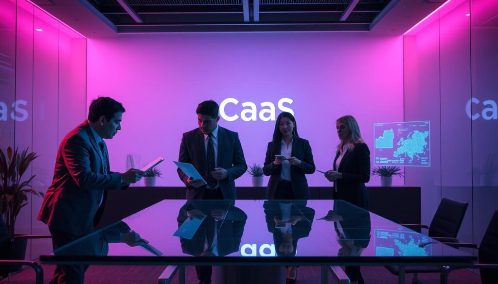 A sleek and modern office setting with a team of account executives engaged in consultative selling. In the foreground, two executives lean over a glass table, discussing a digital presentation under warm, purple-hued lighting. In the middle ground, another executive offers insights to a client, their faces framed by futuristic, holographic displays. The background features the minimalist, high-tech branding of "CaaS", conveying the cutting-edge, consultative nature of the sales process. The overall scene exudes a sense of professionalism, collaboration, and the future of sales.