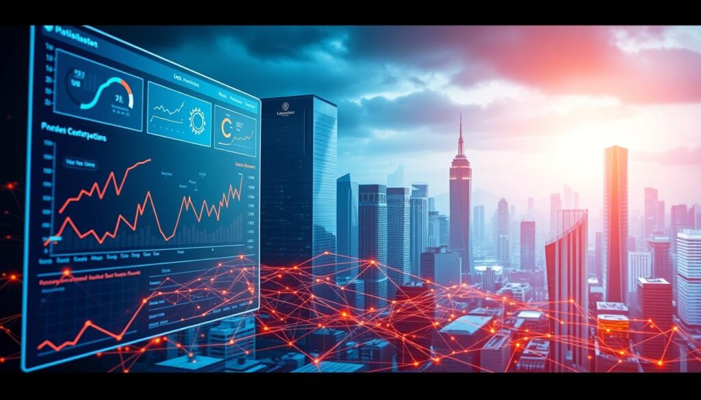 A dynamic visualization of data analytics in distribution, showcasing the power of CaaS (Channel-as-a-Service) solutions. In the foreground, a sleek, futuristic dashboard displays real-time insights and trends, with a vibrant orange hue casting an aura of innovation. The middle ground features a network of interconnected nodes, representing the intricate web of distribution channels, while the background depicts a cityscape of towering skyscrapers, symbolizing the vast scale of the industry. The image exudes a sense of precision, clarity, and the promise of data-driven growth, capturing the essence of "Insights into channel distributors growth 2025".