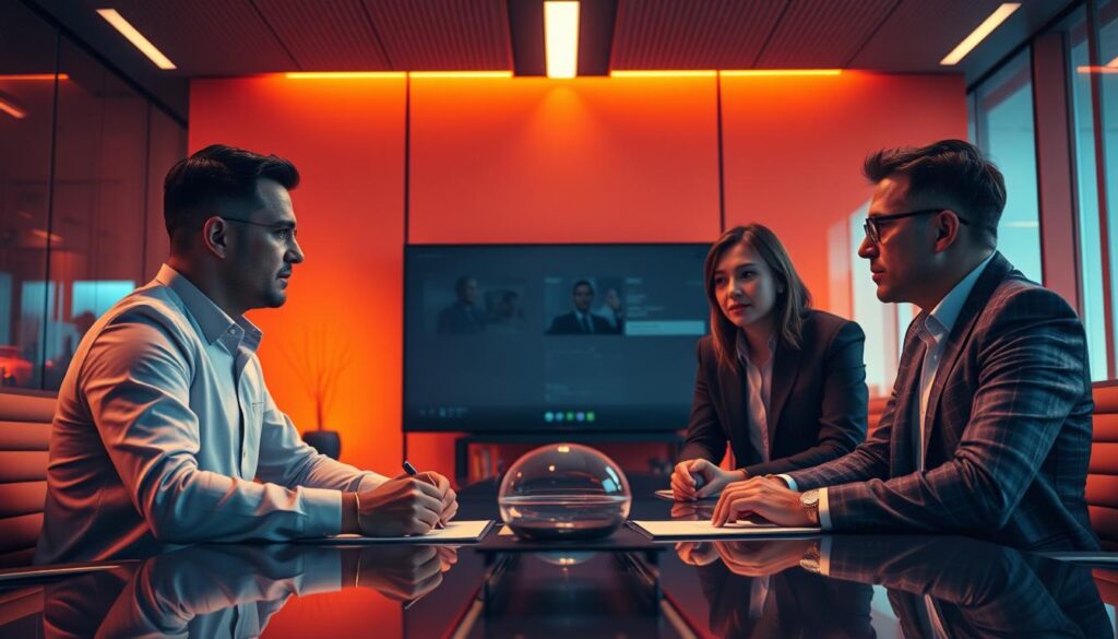 A modern, sleek boardroom with three business leaders discussing partnership strategies. The scene is bathed in an warm, inviting orange hue, creating a futuristic atmosphere. High-resolution, clean and sharp imagery showcases the leaders in serious contemplation, surrounded by state-of-the-art CaaS (Collaboration as a Service) technology. The composition features a dynamic, angled perspective that draws the viewer into the intense deliberation unfolding before them.