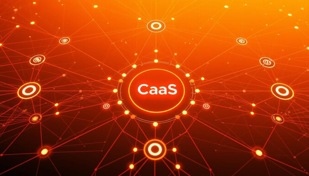 A sleek and modern alliance management framework, featuring a central CaaS (Collaboration-as-a-Service) platform surrounded by interconnected nodes representing various strategic alliance components. The image is bathed in an warm orange hue, conveying a sense of dynamism and futuristic innovation. Intricate geometric patterns and clean, sharp lines create a visually striking and highly detailed composition. The scene evokes a high-tech, collaborative environment optimized for effective alliance management.