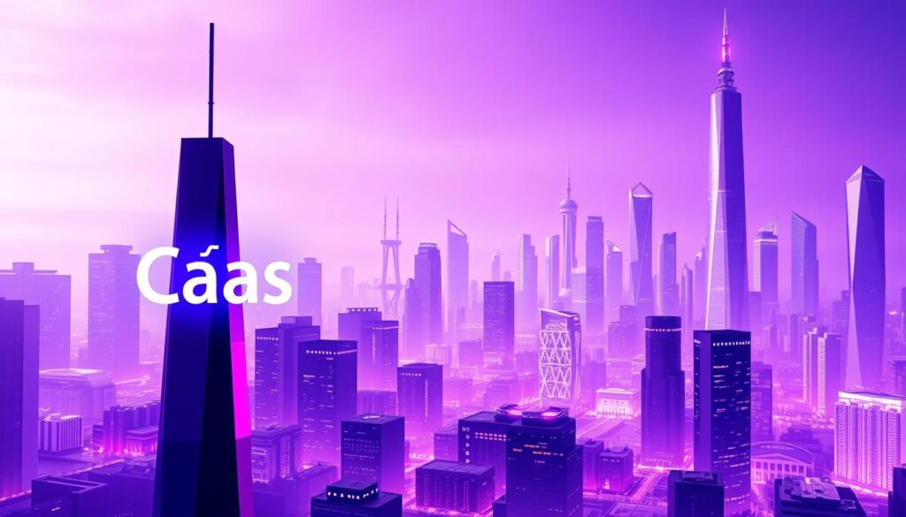 A sleek, futuristic cityscape bathed in a serene purple hue. In the foreground, a sleek tower adorned with the holographic logo "CaaS" - the emblem of the next-generation Managed IT Services. The middle ground features a network of interconnected servers and data centers, their operations seamlessly orchestrated by an intelligent AI system. In the background, towering skyscrapers and gleaming spires symbolize the transformation of the managed services industry, as it harnesses the power of artificial intelligence to deliver unprecedented efficiency, agility, and innovation. The scene conveys a sense of technological sophistication and the agentic inflection point where managed services reach new heights of capability.