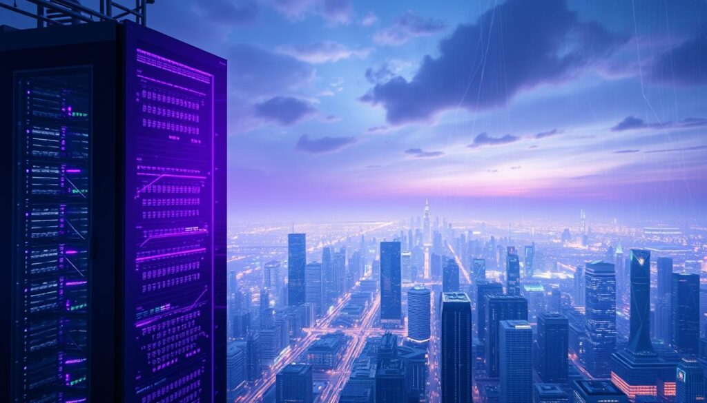 A sweeping, futuristic landscape showcasing the remarkable scale of the cloud computing market. In the foreground, a towering data center enveloped in a mesmerizing purple hue, its sleek architecture reflecting the advanced technology within. In the middle ground, a sprawling cityscape of interconnected skyscrapers, each a testament to the power of cloud-based services. The background fades into a horizon of cascading data streams, visualizing the vast infrastructure that underpins the CaaS (Cloud as a Service) industry. The image radiates a sense of technological sophistication and the immense potential of the cloud computing landscape.