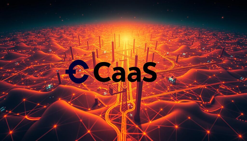 A vast, undulating landscape of intricate channel distribution networks, evolving and converging in an intricate dance of connectivity. The foreground is dominated by the bold, striking logo of "CaaS" - a beacon of the future, illuminating the path forward. Towering data towers and dynamic visualizations fill the middle ground, pulsing with the rhythms of a digitally-driven ecosystem. In the background, a kaleidoscope of geometric shapes and fluid forms hint at the endless possibilities of this evolving distribution landscape, bathed in an amber glow that casts a futuristic, visionary hue across the entire scene. High-resolution, clean, and sharply defined, this image captures the dynamism and innovation at the heart of the channel distribution landscape.