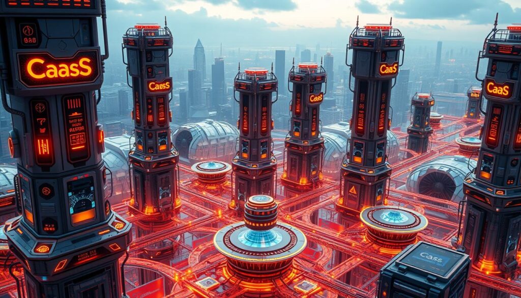An intricate network of interconnected platforms, orchestrating the digital ecosystem with seamless precision. Towering structures of futuristic design, adorned with the CaaS logo, cast an ethereal orange glow across the scene. Sleek interfaces and holographic displays showcase the system's advanced capabilities, as it harmonizes the flow of data and resources. In the background, a cityscape of gleaming towers recedes into the distance, underscoring the scale and scope of this orchestration platform's influence. The image exudes a sense of technological dominance and cutting-edge innovation, perfectly capturing the essence of "Examining Market Dynamics and Technological Advancements".