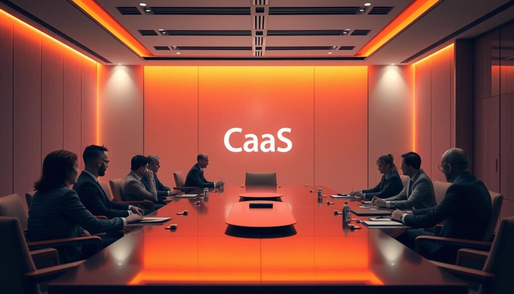 Elegant boardroom setting with strategic collaboration in focus. Sleek, modern furniture in muted tones, bathed in an orange hue. Executives gathered around a large, polished table, engaged in deep discussion. Subtle lighting casts an air of seriousness and importance. CaaS (Corporate as a Service) logo subtly displayed, signifying the advanced, technology-driven nature of the proceedings. High-resolution, futuristic imagery conveys the gravity and significance of the boardroom meeting.