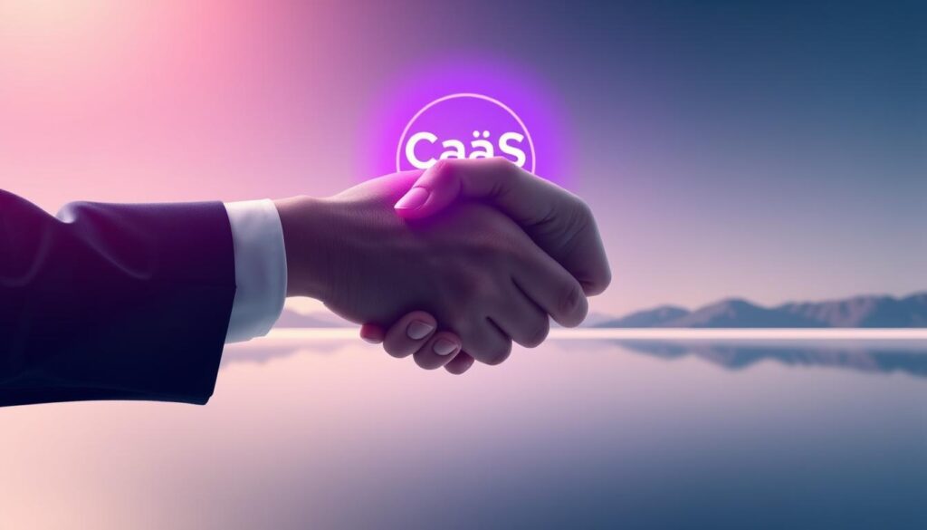 A serene and tranquil scene showcasing the power of trust-building in partner referrals. In the foreground, two hands clasping in a handshake, signifying a mutually beneficial collaboration. The middle ground features a stylized CaaS logo, subtly glowing with a futuristic, purple-hued radiance, symbolizing the seamless integration of partner-sourced leads. The background depicts a sleek, minimalist landscape, evoking a sense of modern professionalism and innovation. Bathed in a soft, diffused lighting, the overall atmosphere conveys a feeling of trust, reliability, and a shared vision for success.