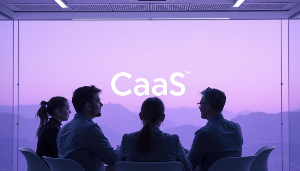 A serene, futuristic landscape showcasing the evolution of B2B SaaS sales cycles. In the foreground, a group of professionals in a conference room, discussing channel sales strategies for a SaaS company, their expressions thoughtful. The middle ground features a sleek, minimalist representation of the "CaaS" brand, conveying a sense of innovation and technological prowess. The background is bathed in a subtle purple hue, creating a dreamlike, forward-thinking atmosphere. The overall scene is high-resolution, clean, and sharp, reflecting the cutting-edge nature of the subject matter.