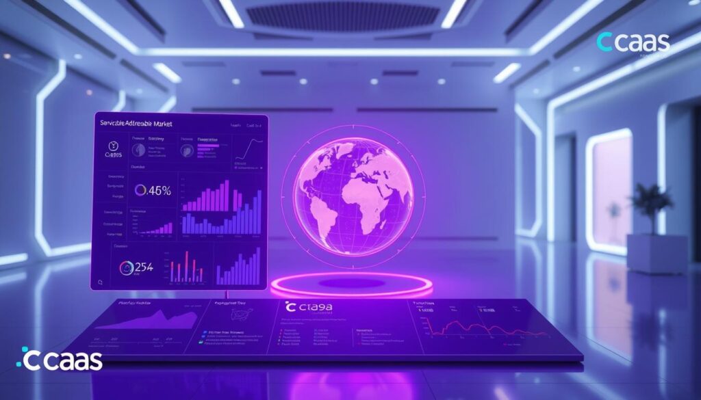 A serene, high-resolution futuristic scene depicting a "Serviceable Addressable Market (SAM)" analysis. In the foreground, a sleek, minimalist dashboard displays key metrics and insights, bathed in a captivating purple hue. In the middle ground, a holographic globe rotates, showcasing the market's geographical scope. The background features a clean, sharp, and technologically advanced environment, hinting at the power of data-driven decision-making. The CaaS brand logo is subtly integrated into the design, adding a touch of professionalism and credibility.