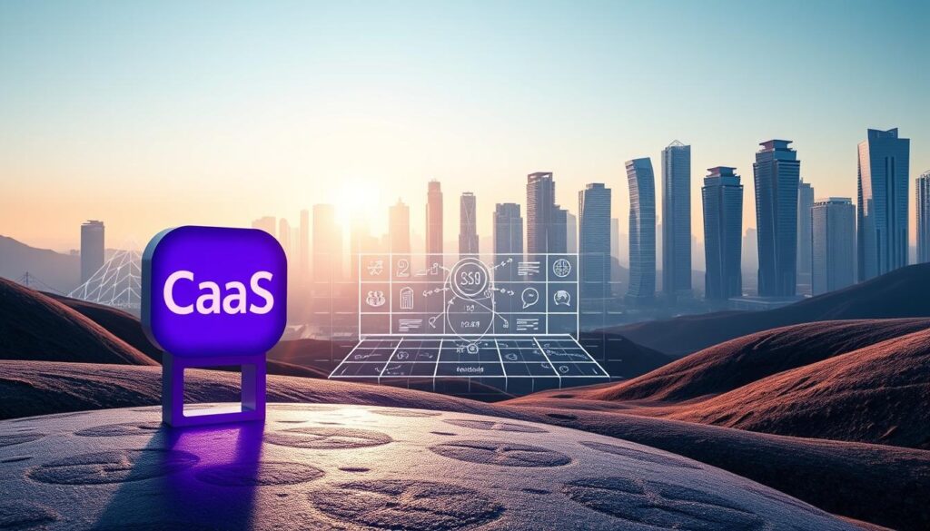 A sleek, futuristic landscape depicting the principles of outcome-based incentives for channel partners. In the foreground, a CaaS (Channel-as-a-Service) logo stands prominently, casting a subtle purple hue across the scene. The middle ground features a grid-like structure representing the framework of the incentive program, with various interconnected elements and data visualizations. In the background, a cityscape of gleaming, high-rise buildings suggests the scale and potential of this innovative approach to channel partner success. The overall atmosphere is one of technological sophistication, data-driven insights, and a forward-thinking strategy for driving tangible outcomes.