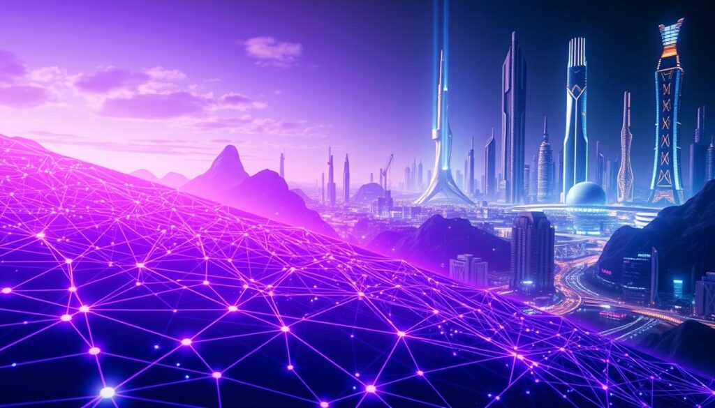 A sleek, futuristic landscape of interconnected revenue models and transformative business ecosystems. In the foreground, a vibrant purple hue casts an ethereal glow over a network of dynamic, interlocking shapes and forms, representing the "CaaS" (Connectivity-as-a-Service) platform that powers this sustainable revenue ecosystem. The middle ground features intricate, holographic visualizations of data flows, value exchanges, and collaborative partnerships, all seamlessly integrated. In the background, a backdrop of gleaming, high-tech architecture and towering, futuristic structures sets the stage for this visionary transformation, capturing the essence of the "Catalysts Driving the Ecosystem Transformation."
