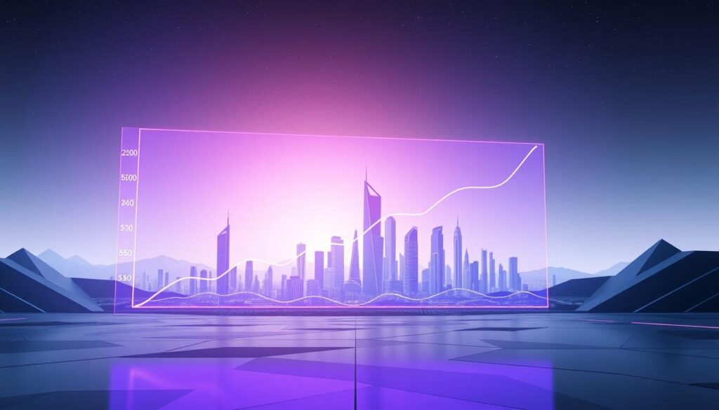 A sleek, futuristic landscape showcasing the evolution of channel partner compensation models. In the foreground, a holographic display presents a graph charting the growth of CaaS (Compensation-as-a-Service) solutions, its elegant lines and curves illuminated by a subtle purple hue. The middle ground features a stylized, geometric cityscape, its angular skyscrapers and sleek architecture reflecting the modern, data-driven nature of channel partner incentives. In the background, a vast, starry sky adds a sense of boundless potential, hinting at the endless possibilities of outcome-based compensation strategies. The entire scene is captured in high resolution, conveying a sense of technological sophistication and forward-thinking vision.