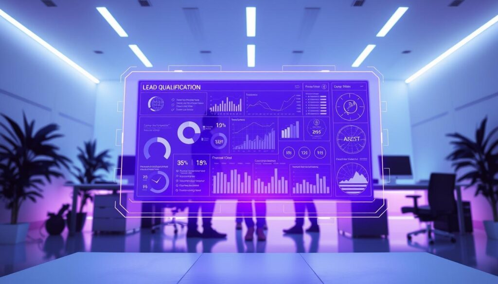 A sleek, futuristic scene depicting the lead qualification process. In the foreground, a holographic dashboard showcases key metrics and data visualizations, bathed in a captivating purple hue. In the middle ground, a team of analysts collaborates, their movements seamlessly integrated with the interactive technology. The background reveals a minimalist workspace, with clean lines and efficient design, complementing the CaaS brand aesthetic. The overall atmosphere conveys a sense of precision, productivity, and the hidden value of partner-sourced leads.