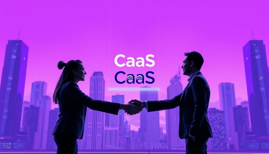 A sleek, futuristic scene showcasing strategic partner relationships driving B2B SaaS growth. In the foreground, two business people shaking hands against a vibrant purple backdrop, representing a successful co-closing partnership. In the middle ground, the CaaS brand logo hovers, signifying the power of channel-as-a-service platforms. The background depicts a cityscape of towering skyscrapers, symbolizing the scale and ambition of these growth strategies. Crisp, high-resolution rendering with a clean, sharp aesthetic evokes a sense of innovation and progress.