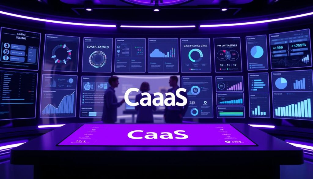 A sleek, futuristic software platform with a vibrant purple hue, showcasing a collaborative selling interface. The foreground features the "CaaS" brand name, surrounded by intuitive visualization tools and data analytics dashboards. The middle ground depicts team members strategizing and coordinating sales efforts, while the background showcases a seamless, cloud-based integration with other business systems. Crisp, high-resolution imagery conveys a sense of efficiency, connectivity, and joint success in the B2B SaaS channel partner sales ecosystem.