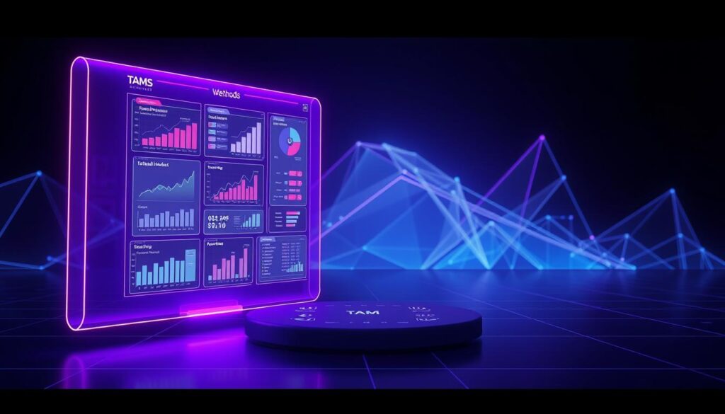 A sleek, futuristic visualization of the methods and calculations used to determine the total addressable market (TAM). In the foreground, a holographic display showcases a series of dynamic charts and infographics, illuminated by a warm, purple hue. In the middle ground, a minimalist, CaaS-branded interface provides tools and data for TAM analysis. The background features a clean, sharp, high-resolution backdrop of geometric shapes and lines, suggesting the precise, analytical nature of TAM calculations. The overall atmosphere is one of technological sophistication and strategic business insights.