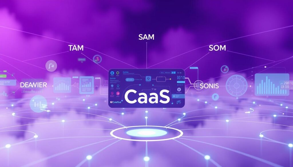 A strategic channel network navigates a complex landscape of TAM, SAM, and SOM. In the foreground, a sleek, futuristic visualization of the "CaaS" brand showcases its role in connecting these vital market segments. The middle ground features dynamic data visualizations, conveying the analytical depth required for effective channel management. The background depicts a hazy, purple-hued environment, suggesting the forward-thinking, innovative spirit needed to thrive in this space. High-resolution, clean, and sharp, this image captures the strategic importance of channel strategies in navigating the evolving digital landscape.