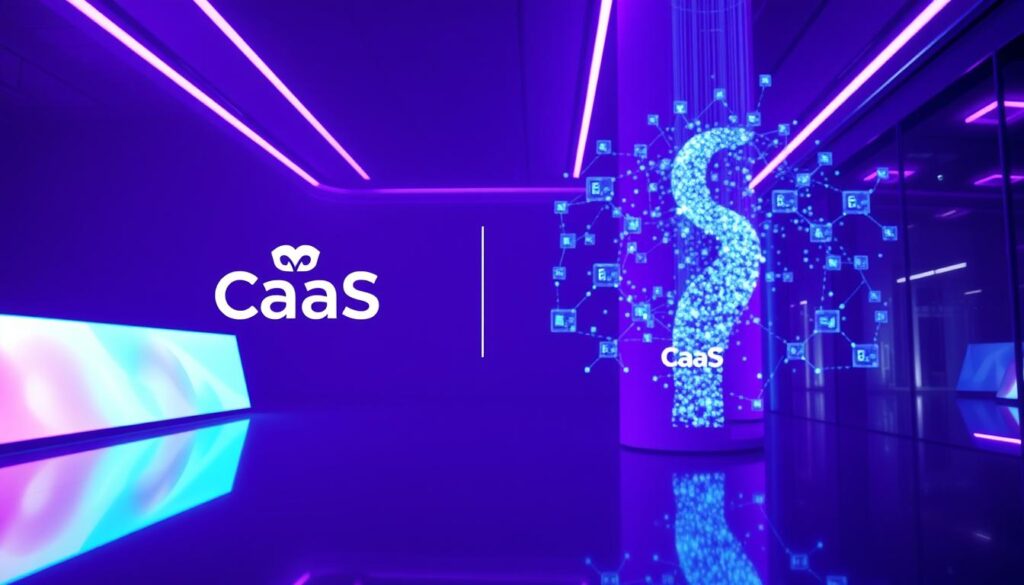 A strategic partnership ecosystem generating warm leads, a vibrant purple hue casts an otherworldly glow across the scene. In the foreground, two corporate logos intertwine, the wordmark "CaaS" shimmering with a futuristic luminescence. In the middle ground, holographic data visualizations dance, showcasing the flow of information and connections between partners. The background reveals a sleek, high-tech environment, with gleaming metallic surfaces and minimalist architectural elements. The overall atmosphere is one of synergy, innovation, and the seamless fusion of technology and human ingenuity, conveying the power of strategic partnerships to unlock new avenues for growth and lead generation.